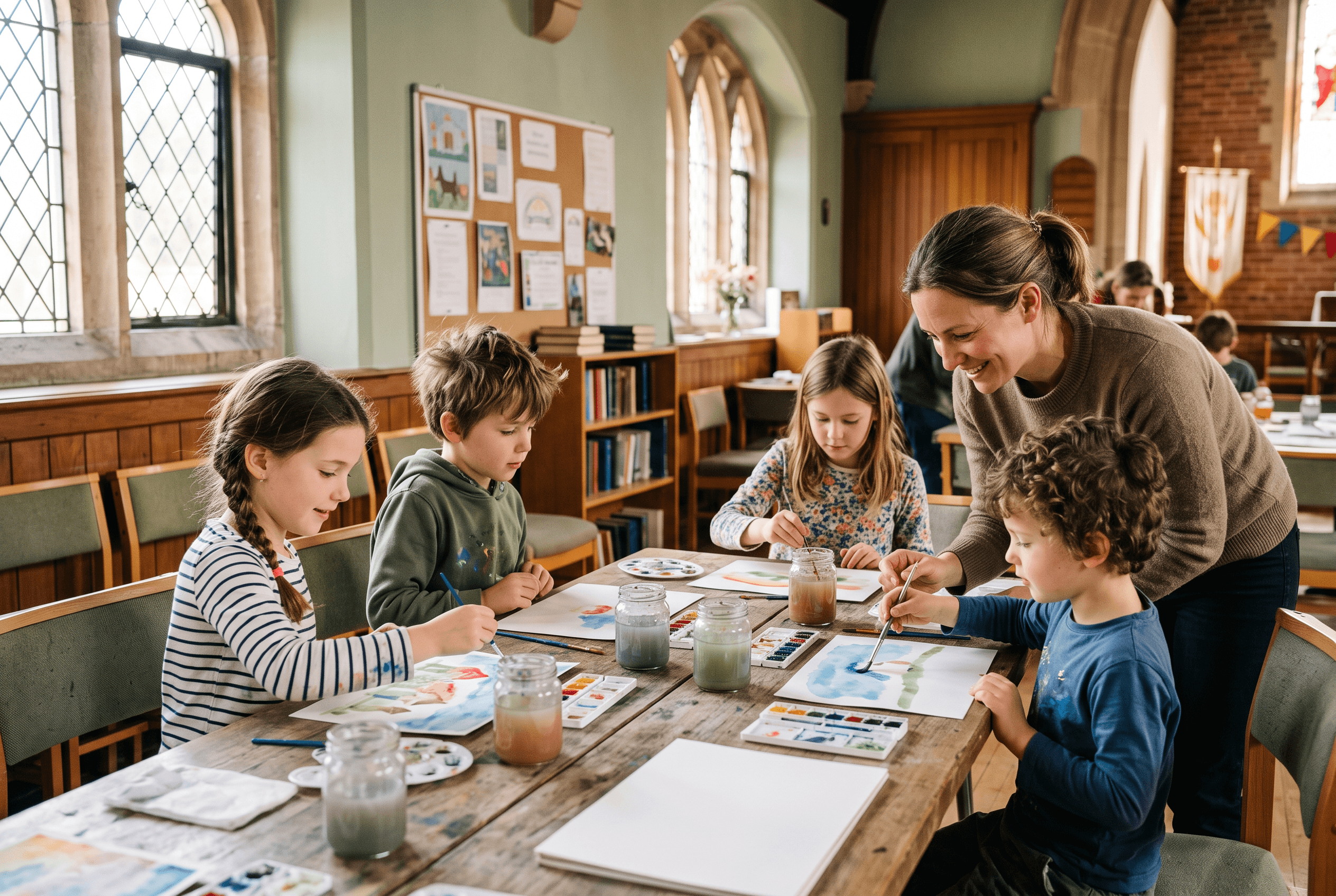 A parent helping children paint with watercolors in a co-op art class