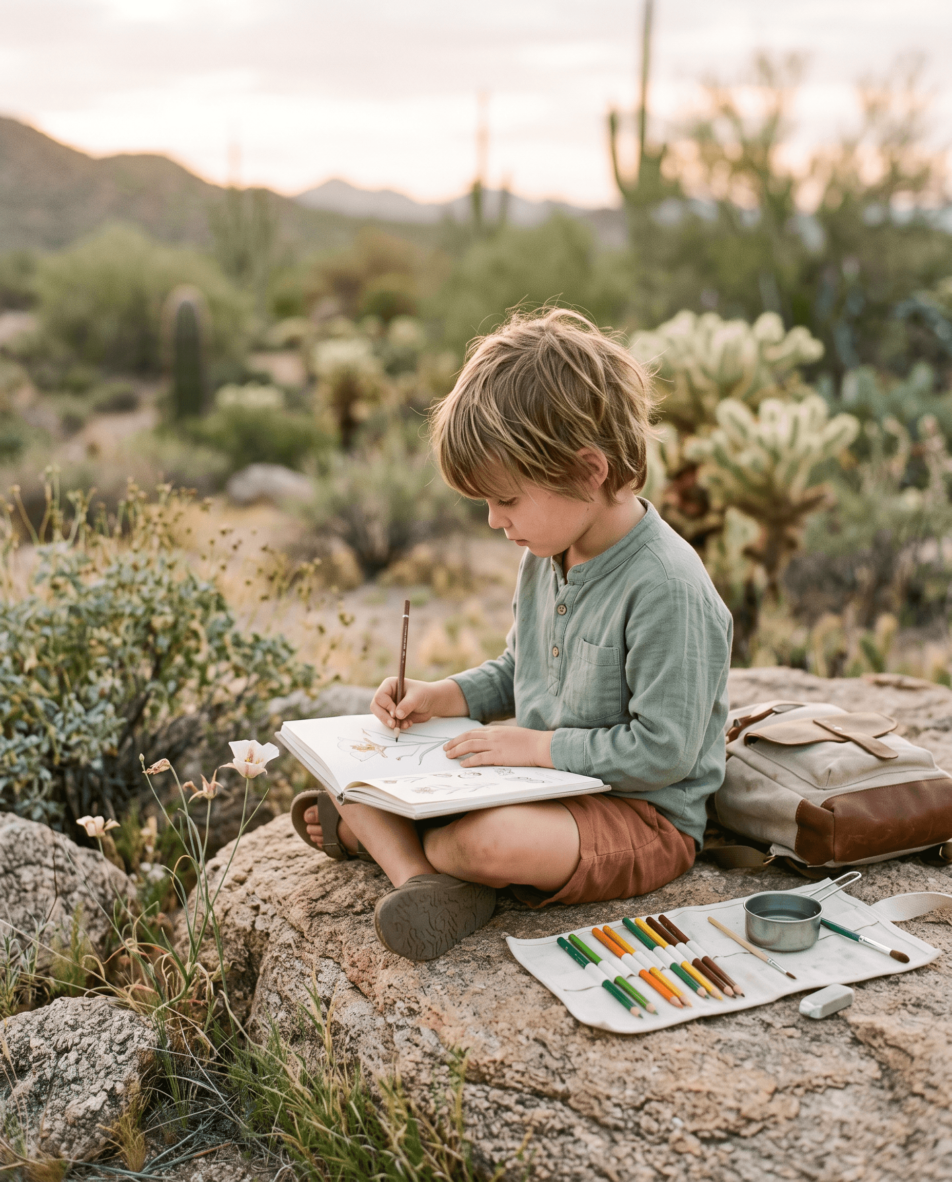 A child sketching a desert wildflower in a nature journal